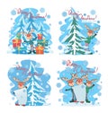 Deers. Winter forest. Merry Christmas card. Set